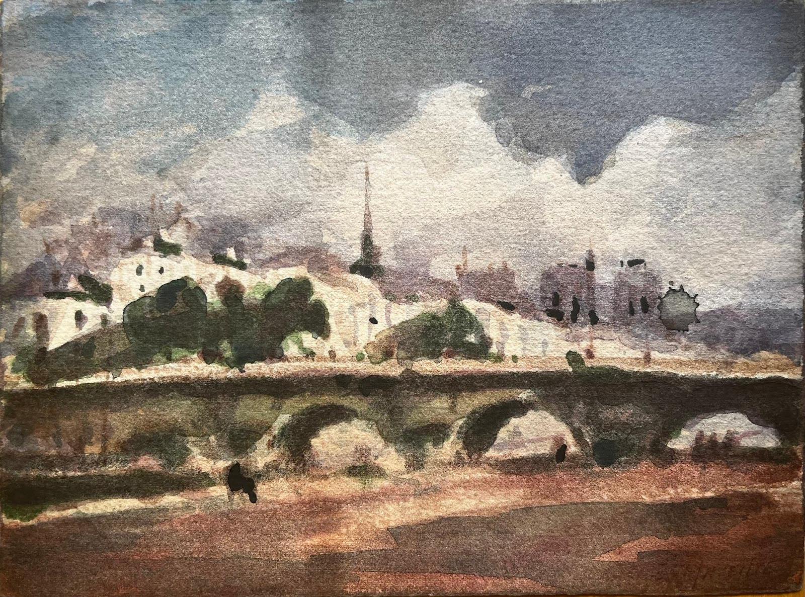 Paesaggio impressionista francese ad acquerello Skyline di Parigi dal fiume Senna - Art di Unknown