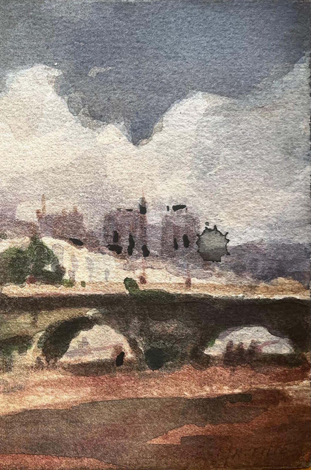 Paesaggio impressionista francese ad acquerello Skyline di Parigi dal fiume Senna - Art Impressionismo di Unknown