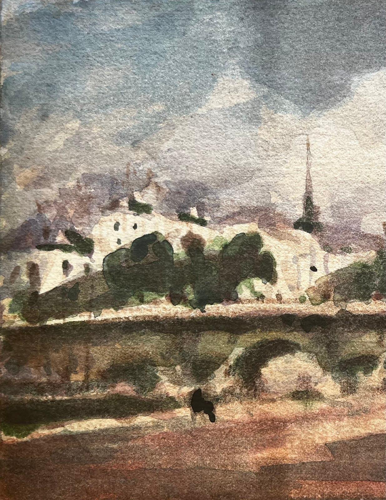 Paesaggio impressionista francese ad acquerello Skyline di Parigi dal fiume Senna - Landscape Art Grigio di Unknown