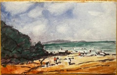 French Impressionist Watercolor Landscape Coastal Scene with Figures