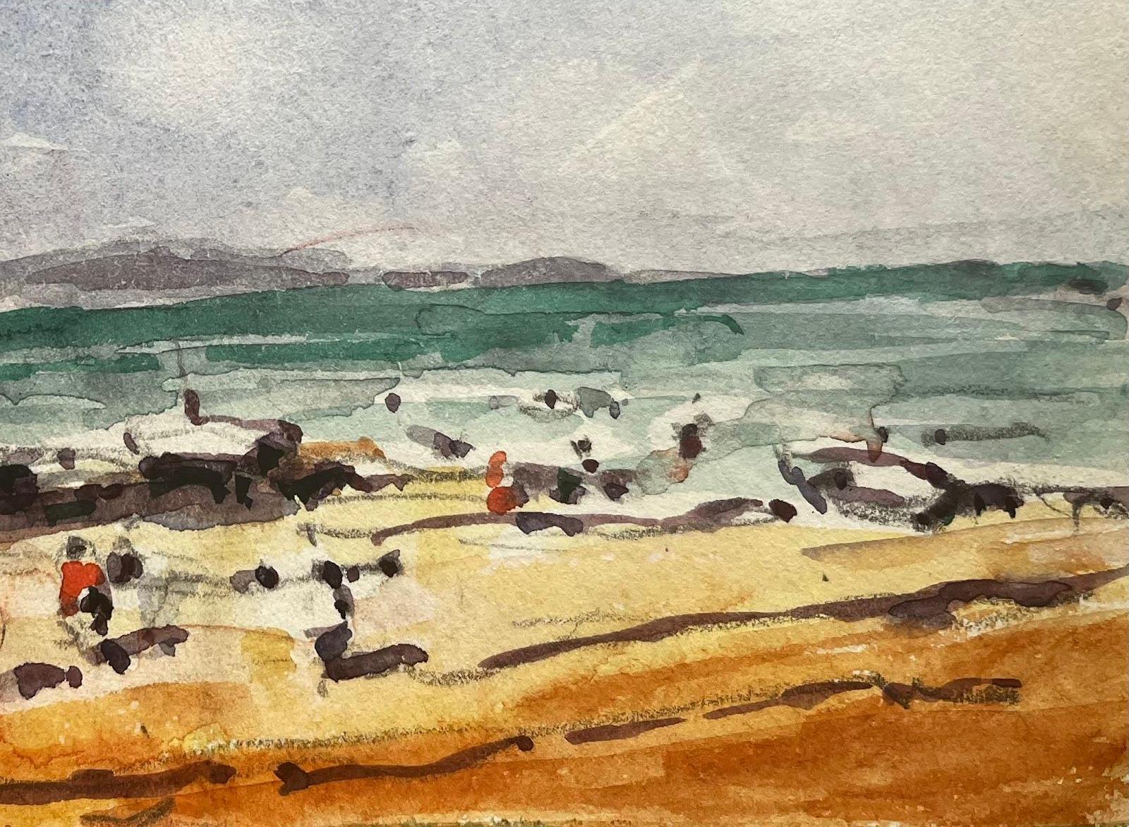 Paesaggio francese impressionista ad acquerello Scena costiera con figure in vendita 1