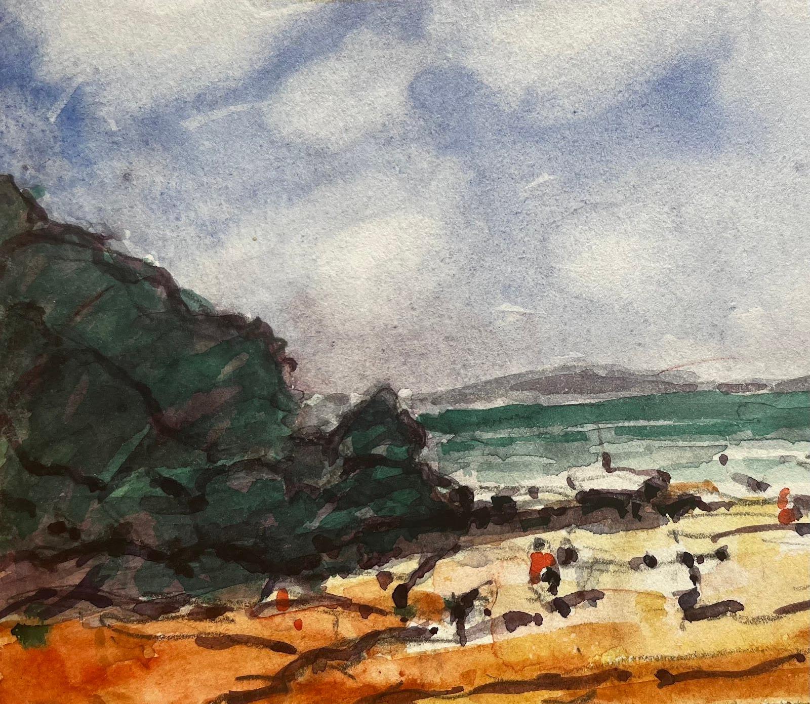 Paesaggio francese impressionista ad acquerello Scena costiera con figure in vendita 3