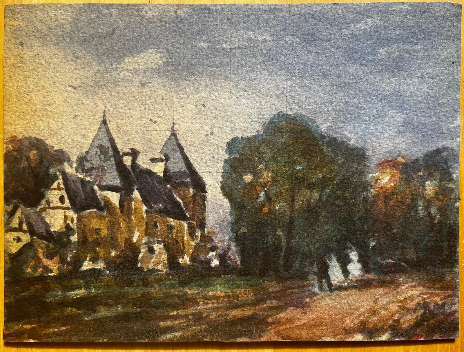 Französischer Impressionist Aquarell Landschaft Château mit Bäumen und Figuren