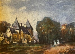 French Impressionist Watercolor Landscape Château with Trees and Figures