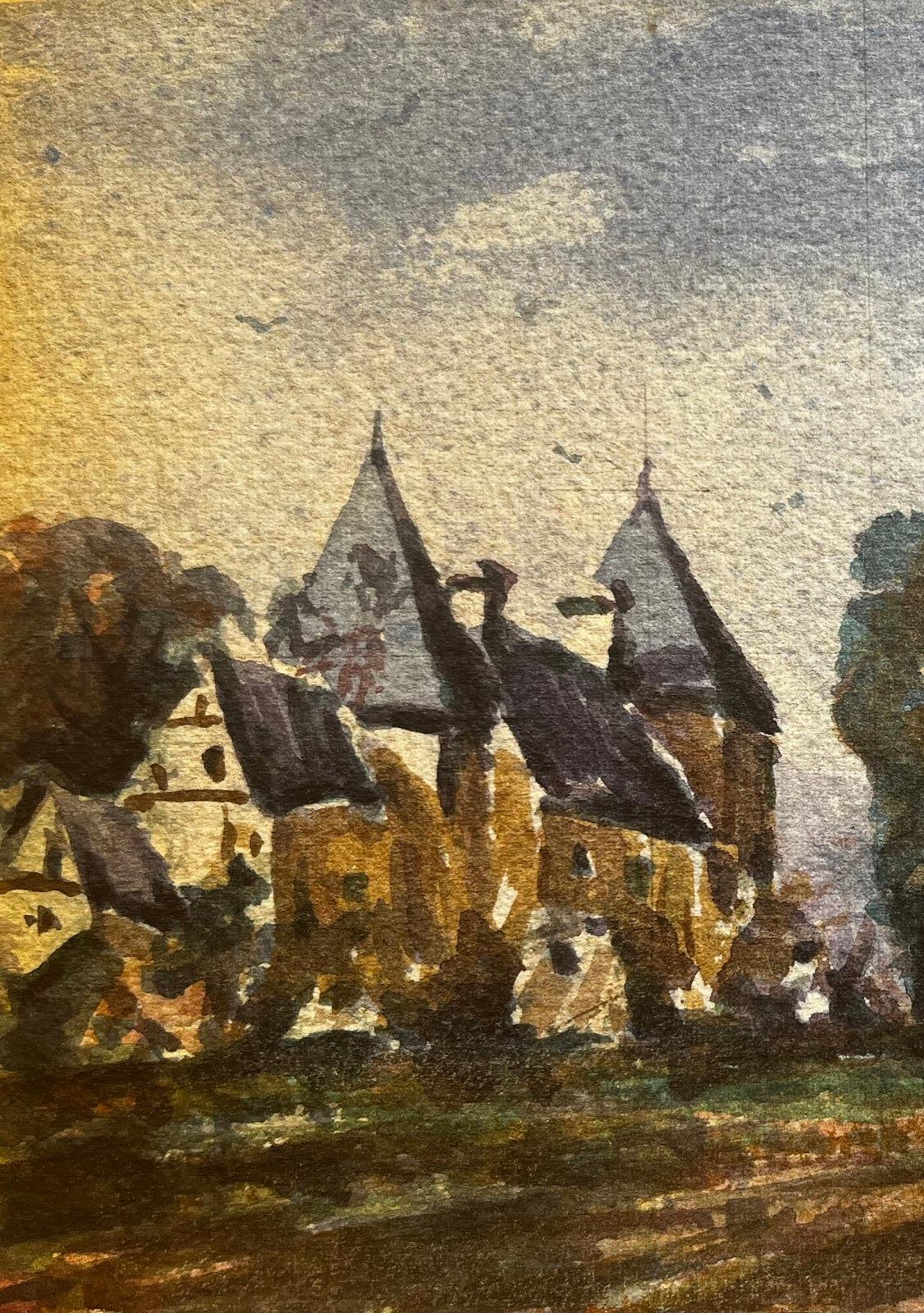 Paesaggio acquerellato francese impressionista Castello con alberi e figure - Landscape Art Grigio di Unknown