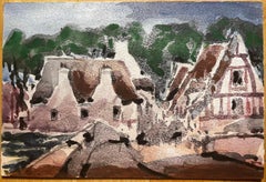 Paesaggio francese impressionista ad acquerello Scena di villaggio rurale con ponte