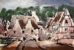French Impressionist Watercolor Landscape Rural Village Scene with Bridge