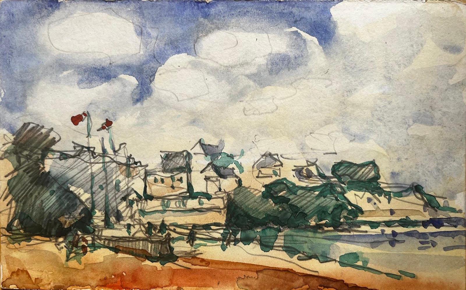 Aquarelle impressionniste française Scène de port avec bateaux - Art de Unknown