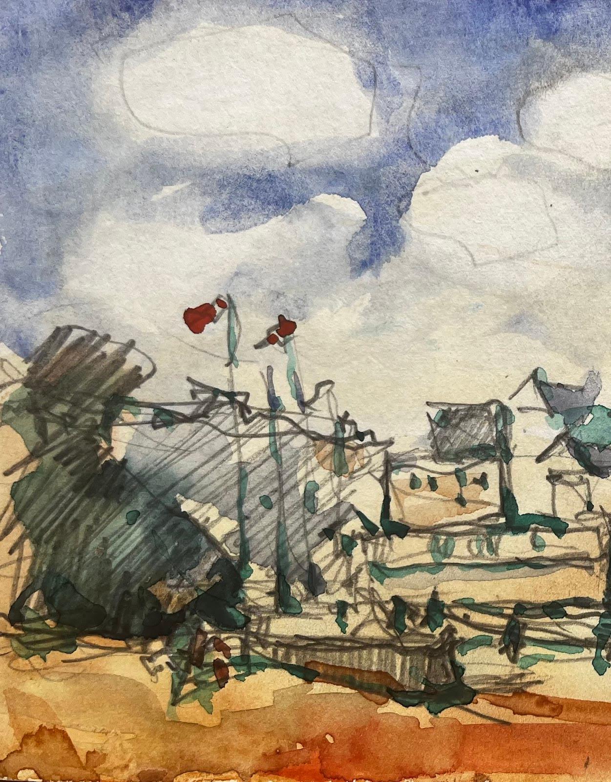 Aquarelle impressionniste française Scène de port avec bateaux - Beige Landscape Art par Unknown