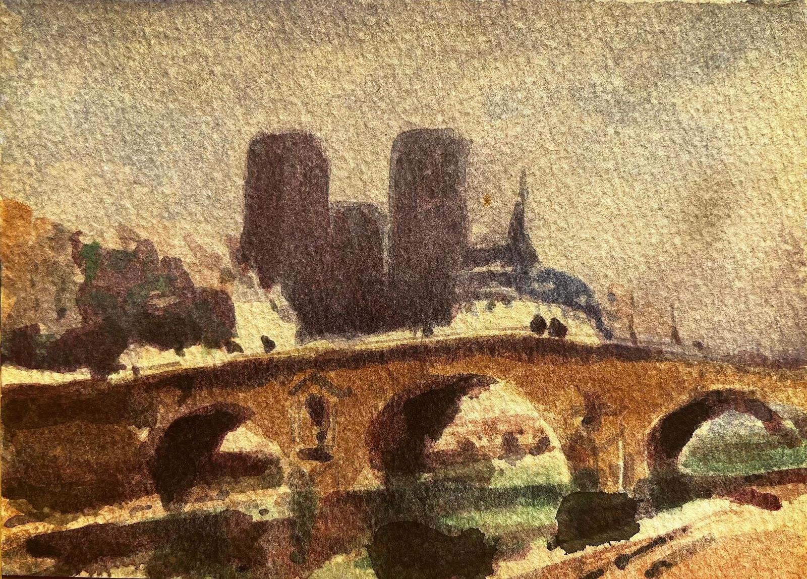 Notre Dame Parigi Fiume Senna Paesaggio impressionista francese Pittura originale - Art di Maurice Mazeilie