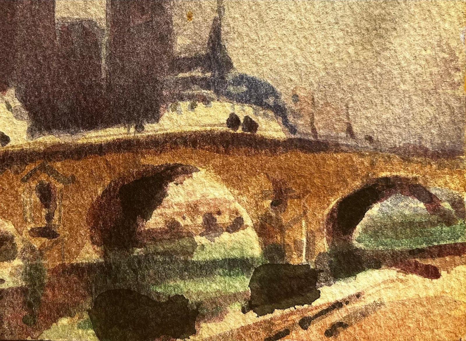 Notre Dame Parigi Fiume Senna Paesaggio impressionista francese Pittura originale - Landscape Art Marrone di Maurice Mazeilie