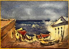 Vintage French Impressionist Watercolor Landscape Seaside Town with Azure Sea