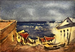 French Impressionist Watercolor Landscape Seaside Town with Azure Sea