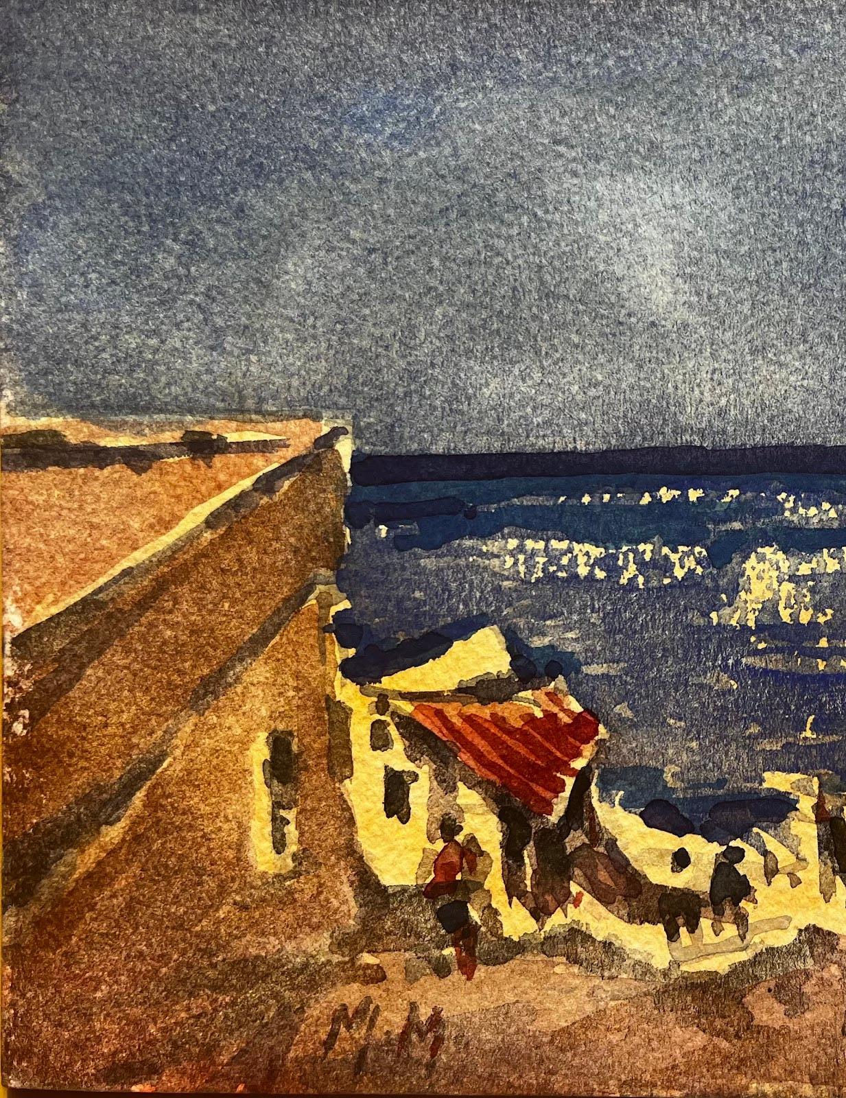 Aquarelle impressionniste française d'un paysage de bord de mer avec mer azur - Marron Landscape Art par Unknown