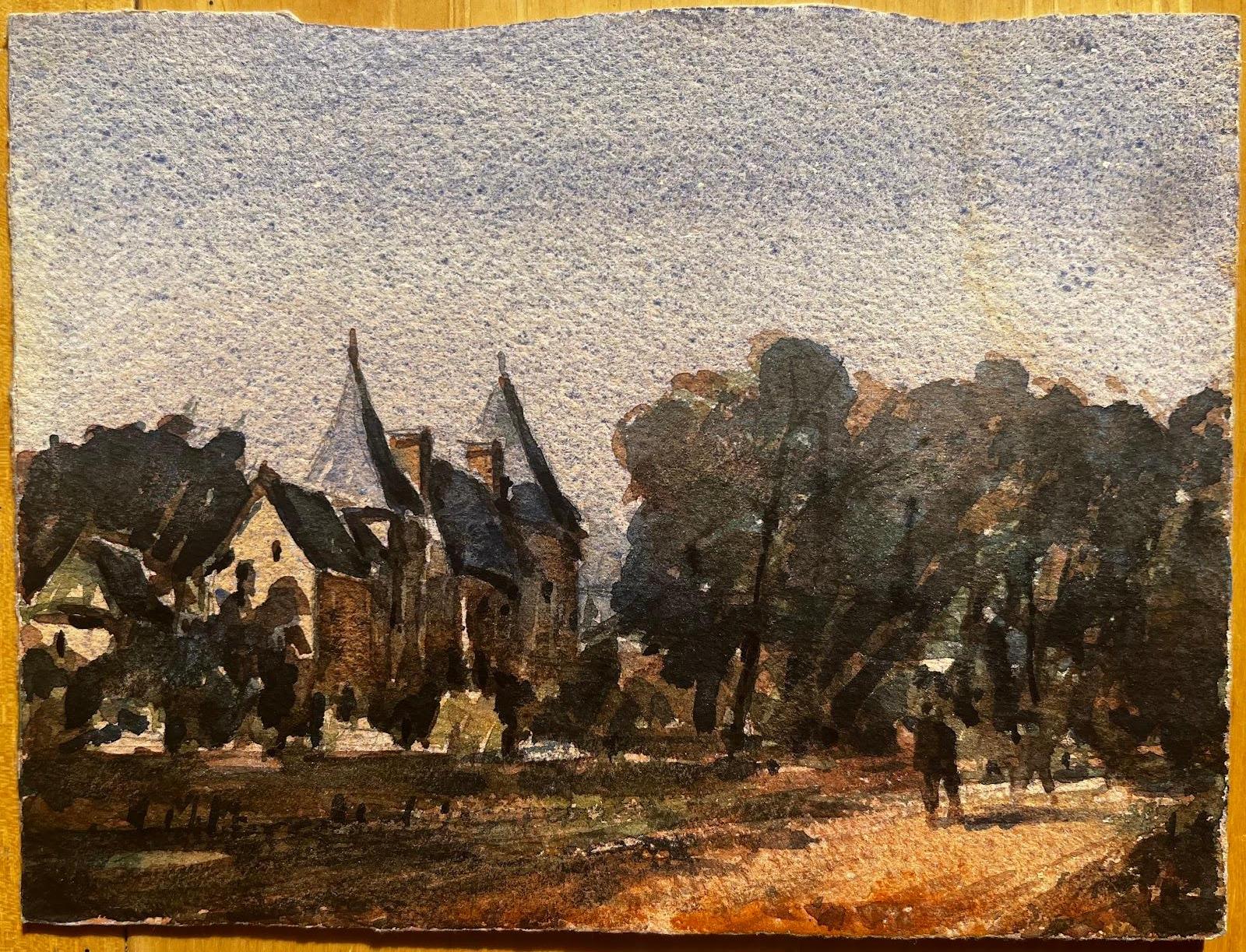 French Impressionist Watercolor Landscape - “Urban Scene with Bridge at Dawn" - Art by Unknown