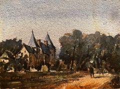 French Impressionist Watercolor Landscape - “Urban Scene with Bridge at Dawn"