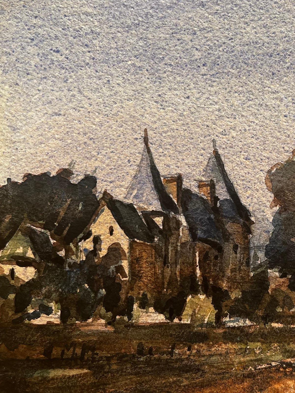 French Impressionist Watercolor Landscape - “Urban Scene with Bridge at Dawn