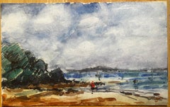 French Impressionist Watercolor Landscape Coastal Beach Scene with Figure