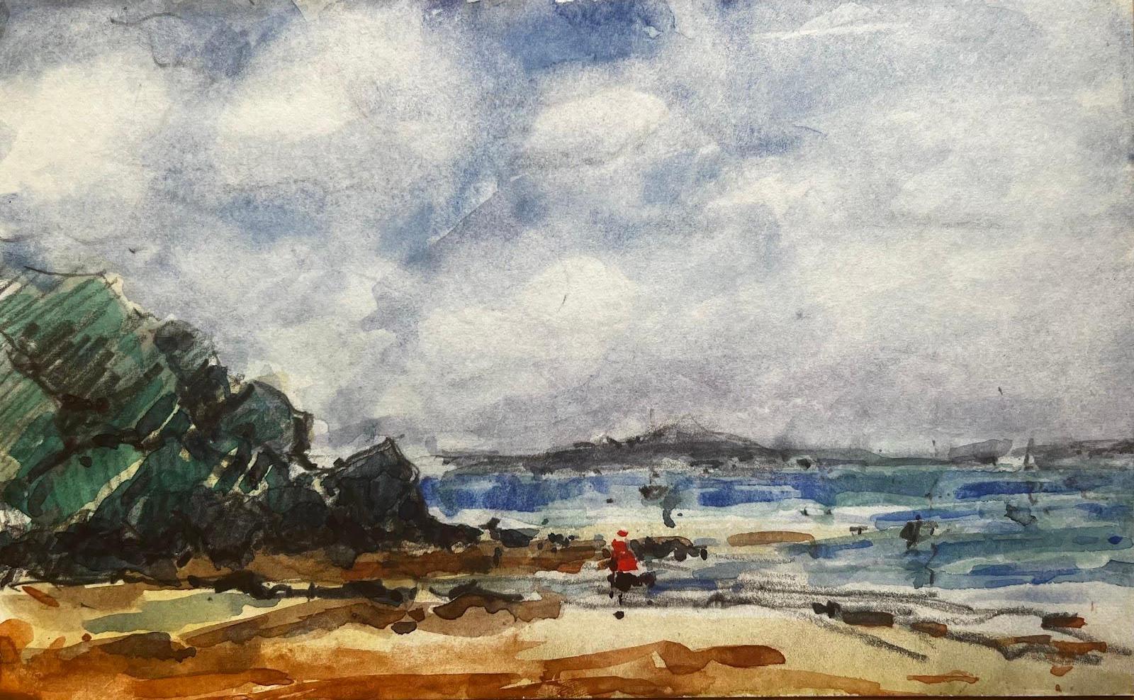 Acuarela Impresionista Francesa Paisaje Costero Escena de Playa con Figura - Art de Unknown