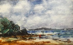 French Impressionist Watercolor Landscape Coastal Beach Scene with Figure