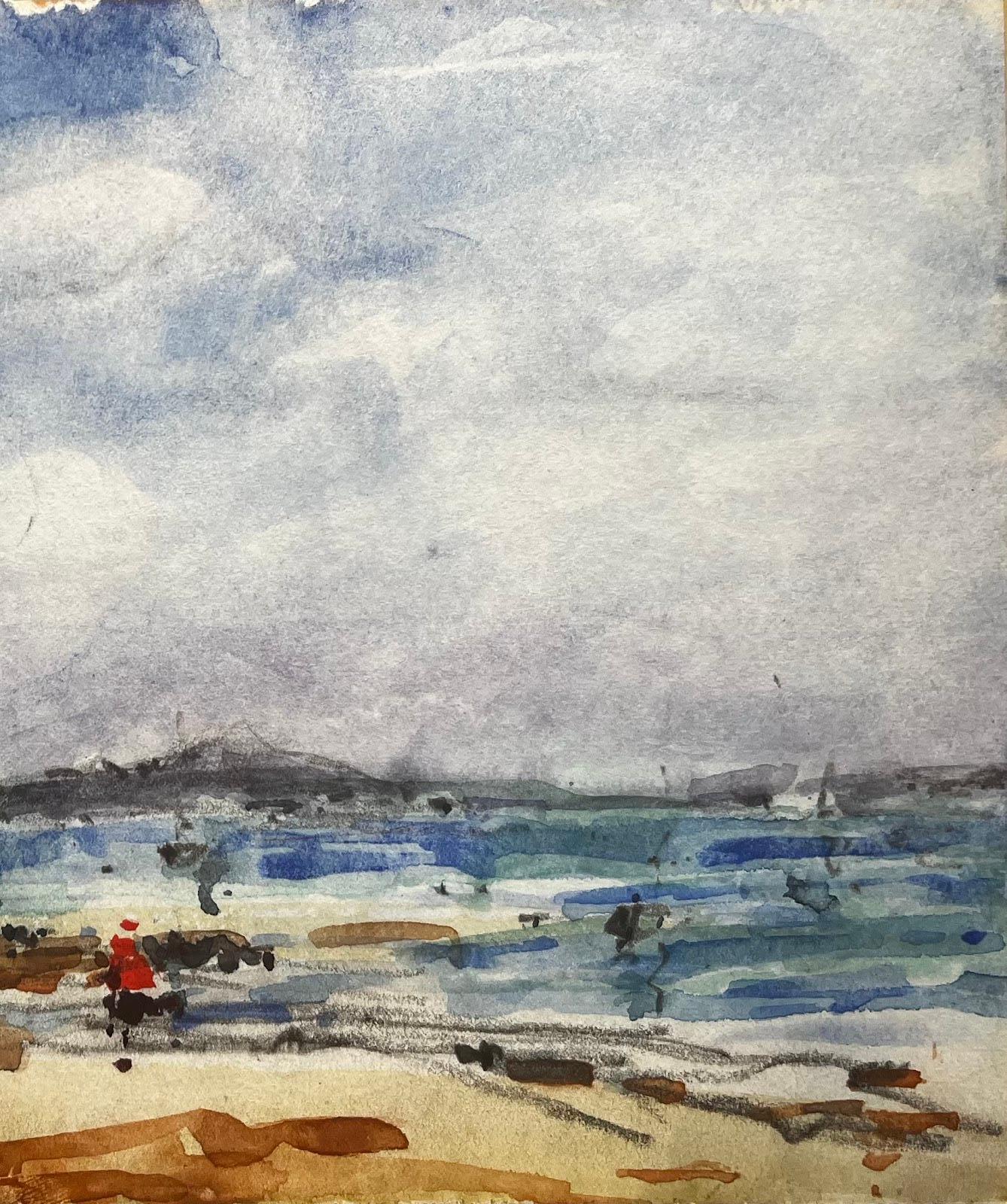 Acuarela Impresionista Francesa Paisaje Costero Escena de Playa con Figura - Landscape Art Beige de Unknown
