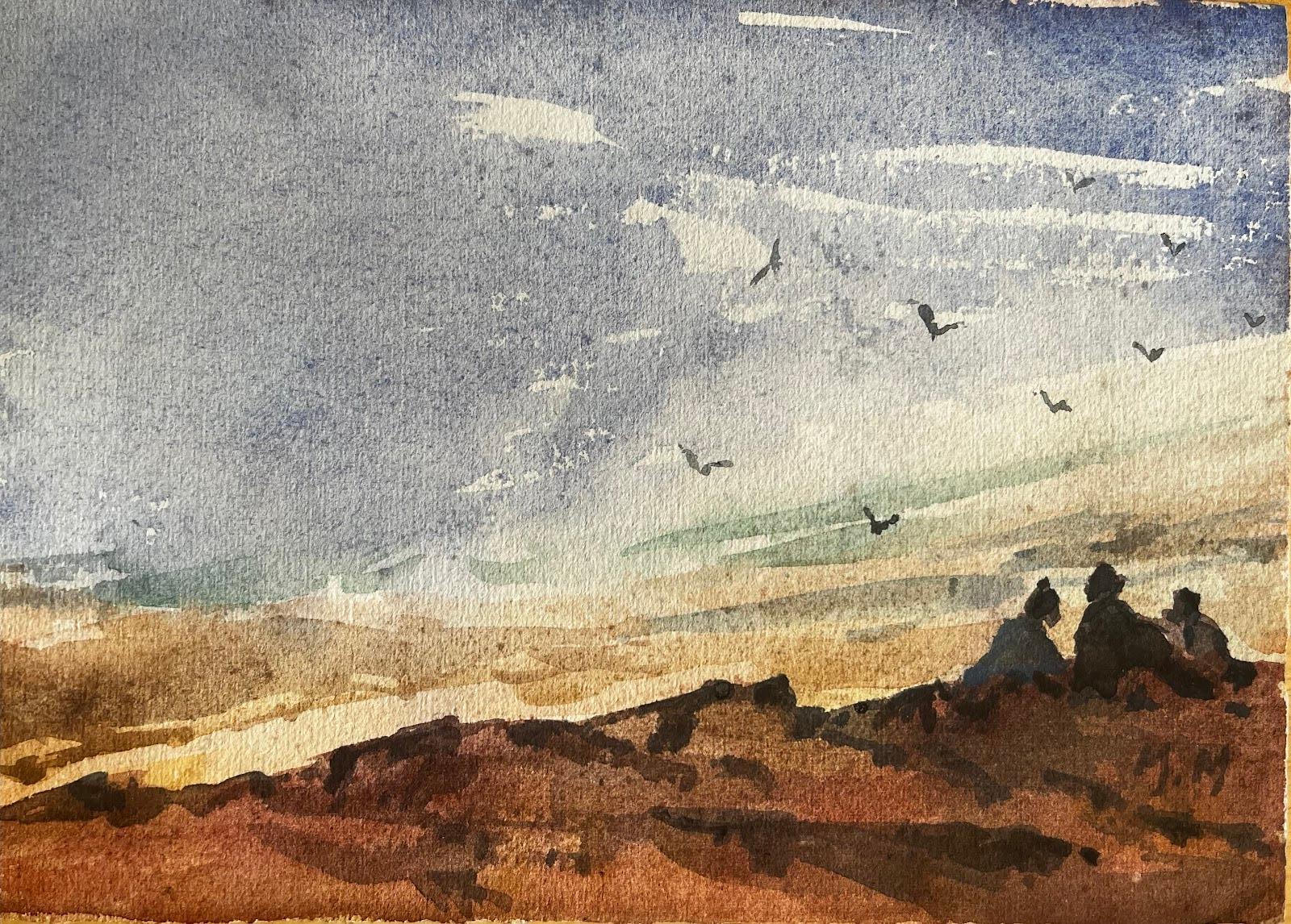 French Impressionist Watercolor Landscape Seaside Scene with Three Figures - Art by Unknown