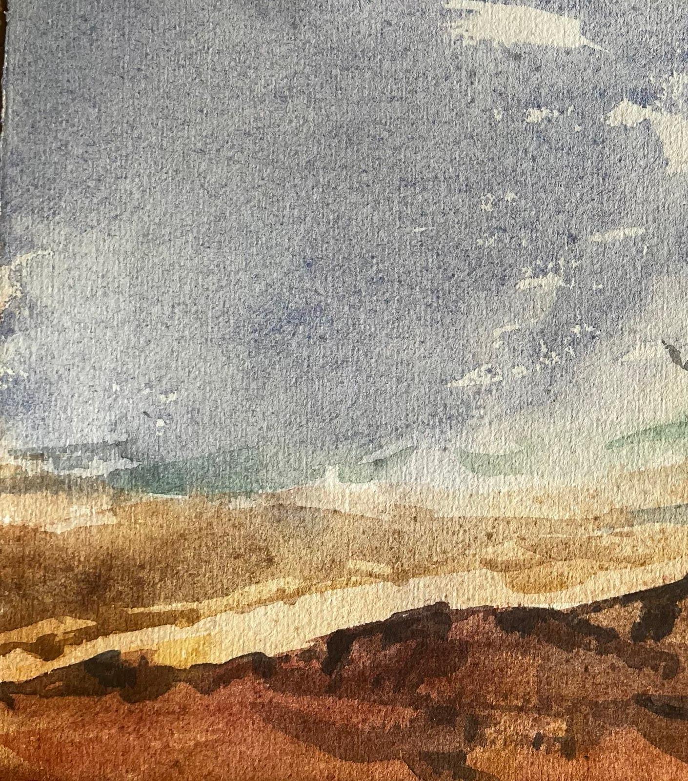 French Impressionist Watercolor Landscape Seaside Scene with Three Figures For Sale 1