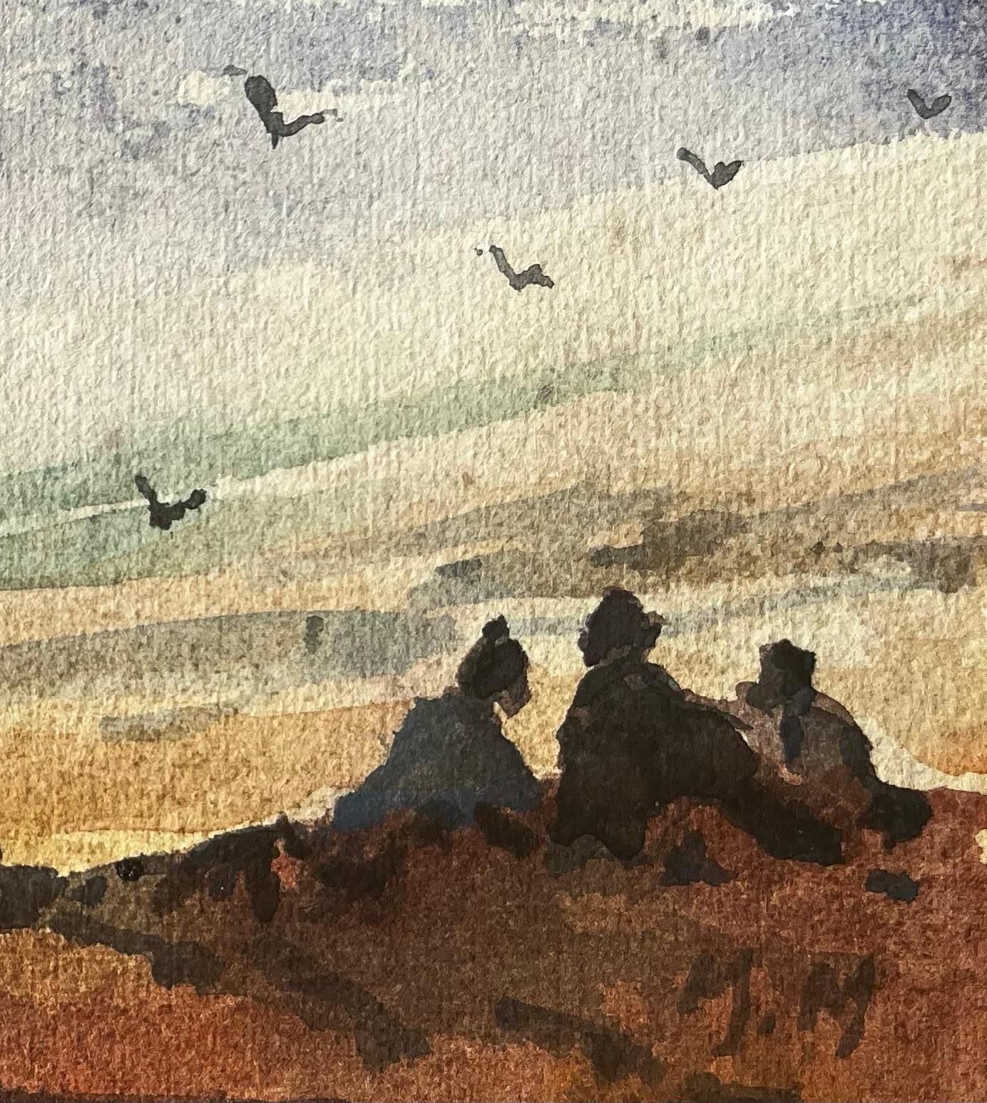French Impressionist Watercolor Landscape Seaside Scene with Three Figures For Sale 2