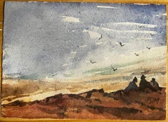 French Impressionist Watercolor Landscape Seaside Scene with Three Figures