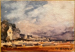 French Impressionist Watercolor Landscape Coastal Hamlet with Harbour