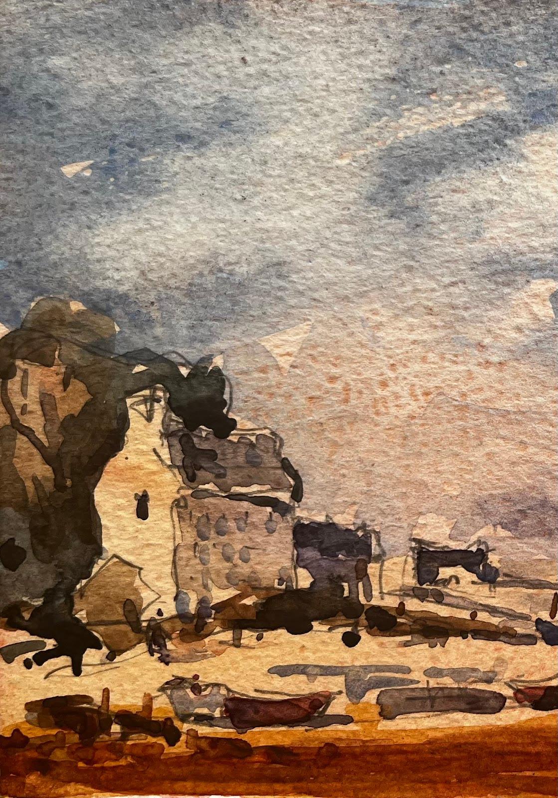 Aquarelle impressionniste française Paysage côtier avec port en vente 1