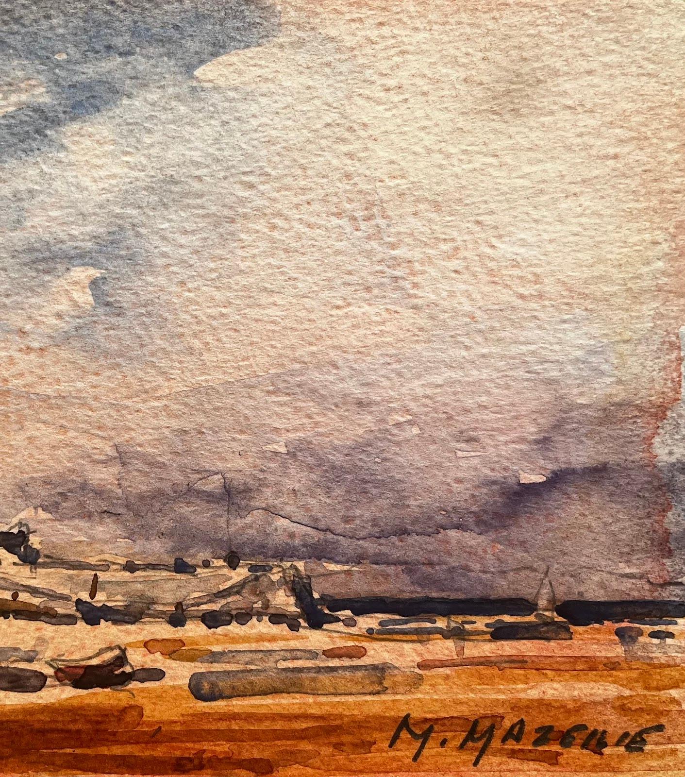 Aquarelle impressionniste française Paysage côtier avec port en vente 2