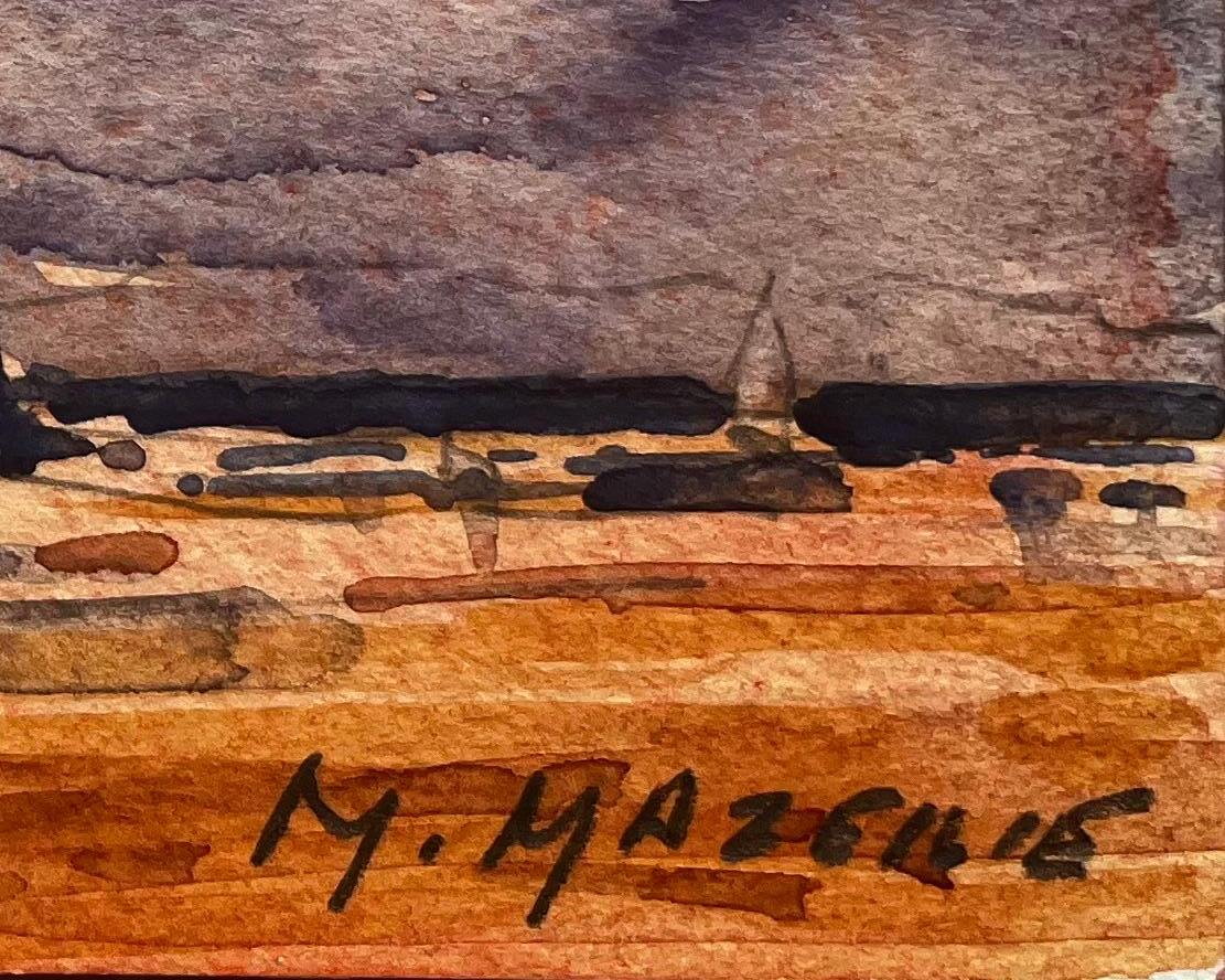 Aquarelle impressionniste française Paysage côtier avec port en vente 3