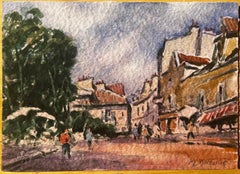 French Impressionist Watercolor Landscape Sunny Village Street with Figures