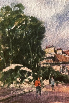 French Impressionist Watercolor Landscape Sunny Village Street with Figures