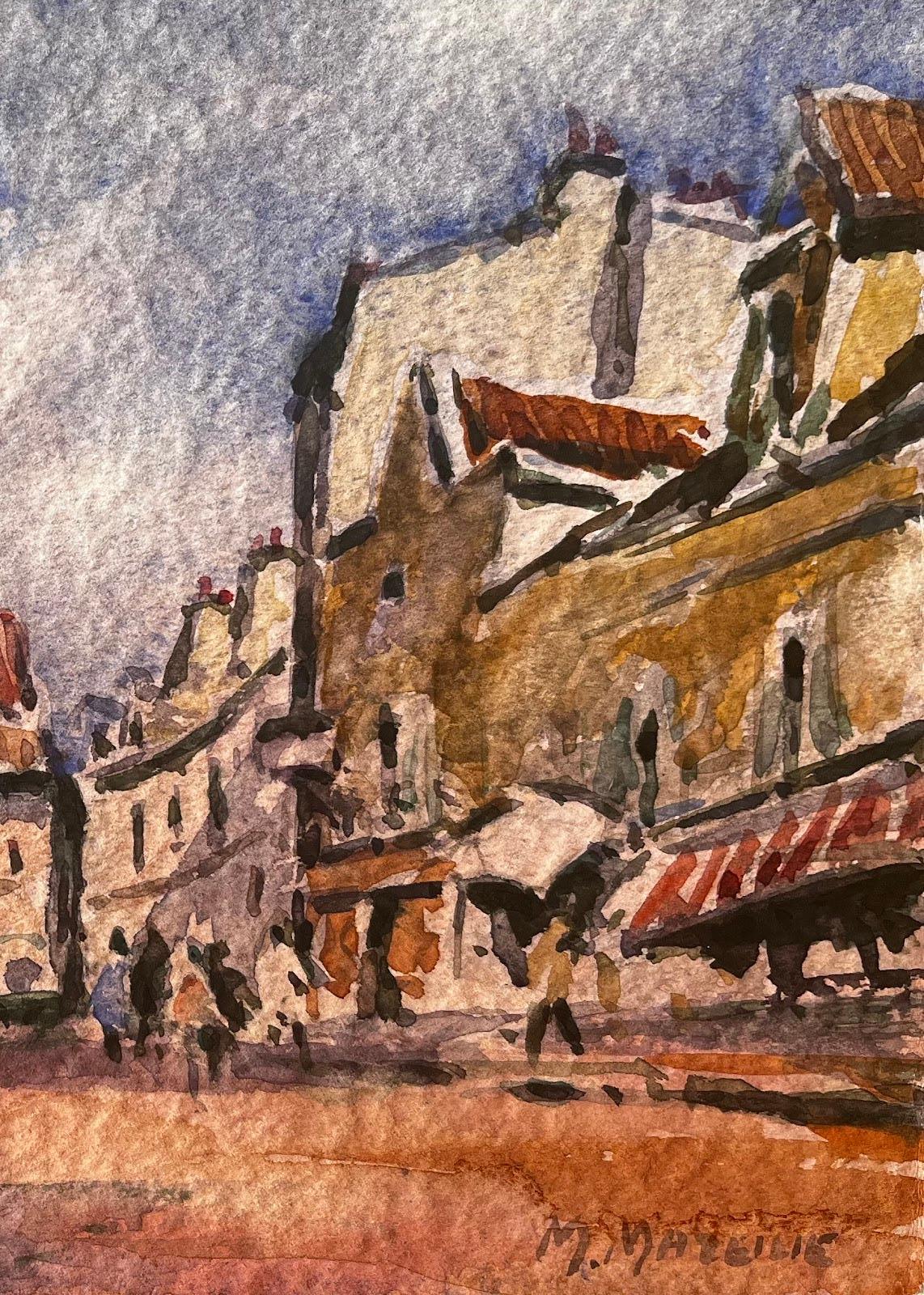 French Impressionist Watercolor Landscape Sunny Village Street with Figures For Sale 1