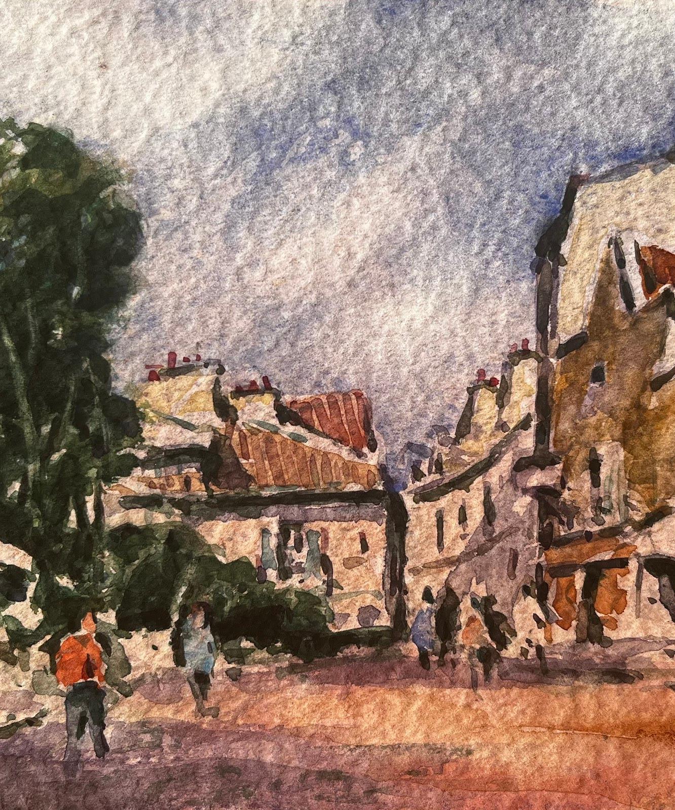 French Impressionist Watercolor Landscape Sunny Village Street with Figures For Sale 2