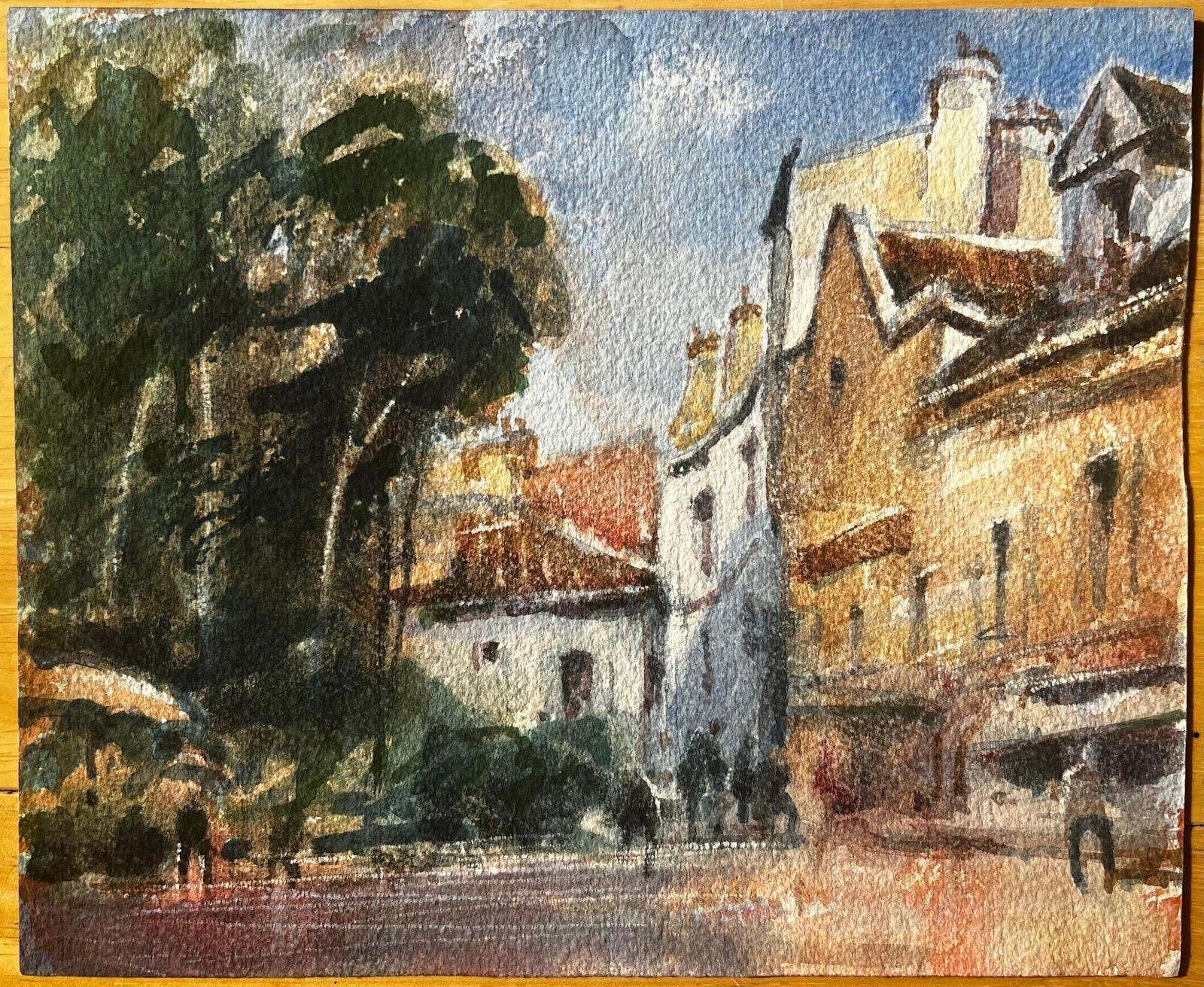 Aquarelle impressionniste française - Rue de Village ensoleillée avec Figures