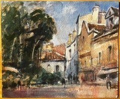 Vintage French Impressionist Watercolor Landscape - “Sunny Village Street with Figures"