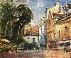 French Impressionist Watercolor Landscape - “Sunny Village Street with Figures"