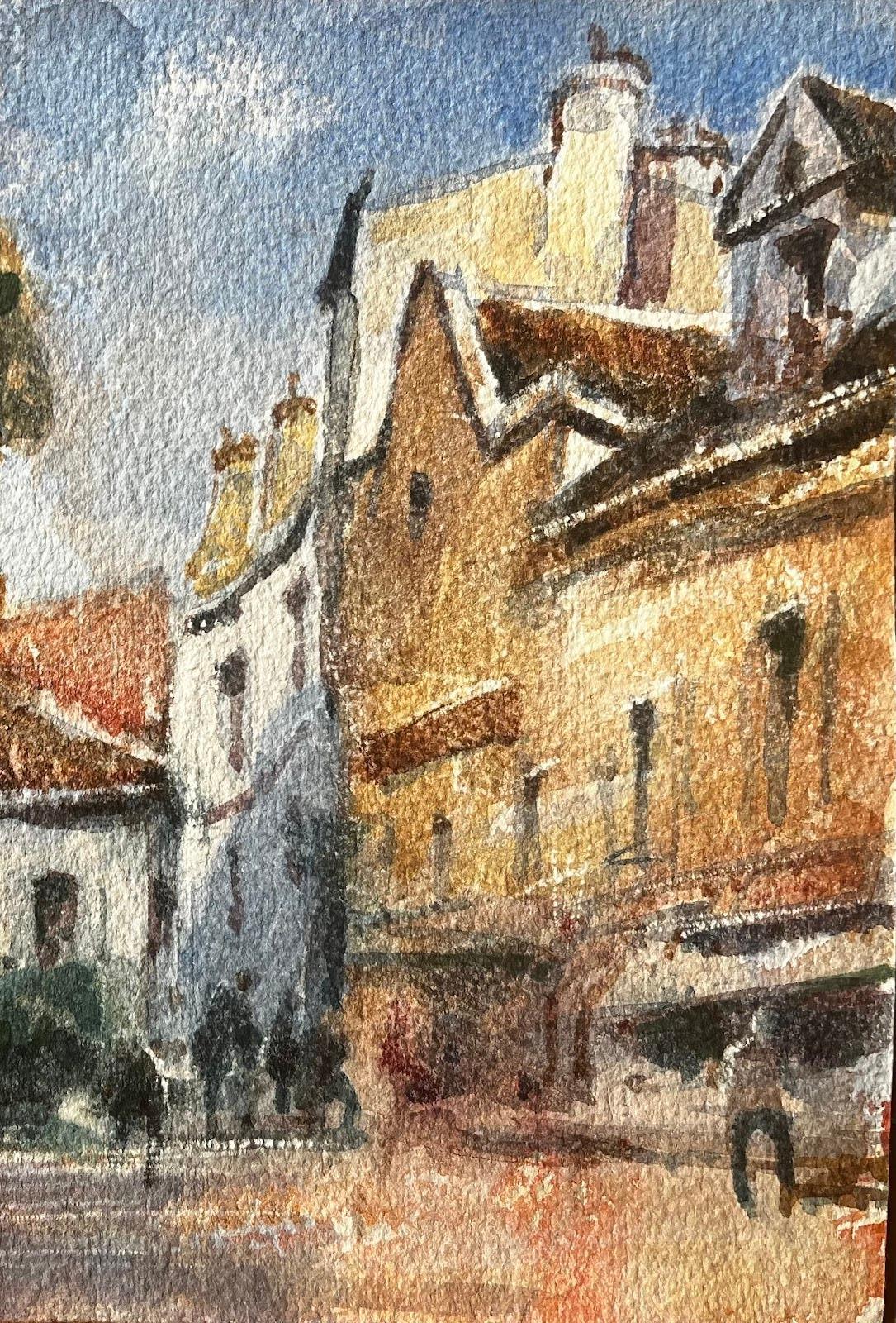 Aquarelle impressionniste française - Rue de Village ensoleillée avec Figures en vente 2