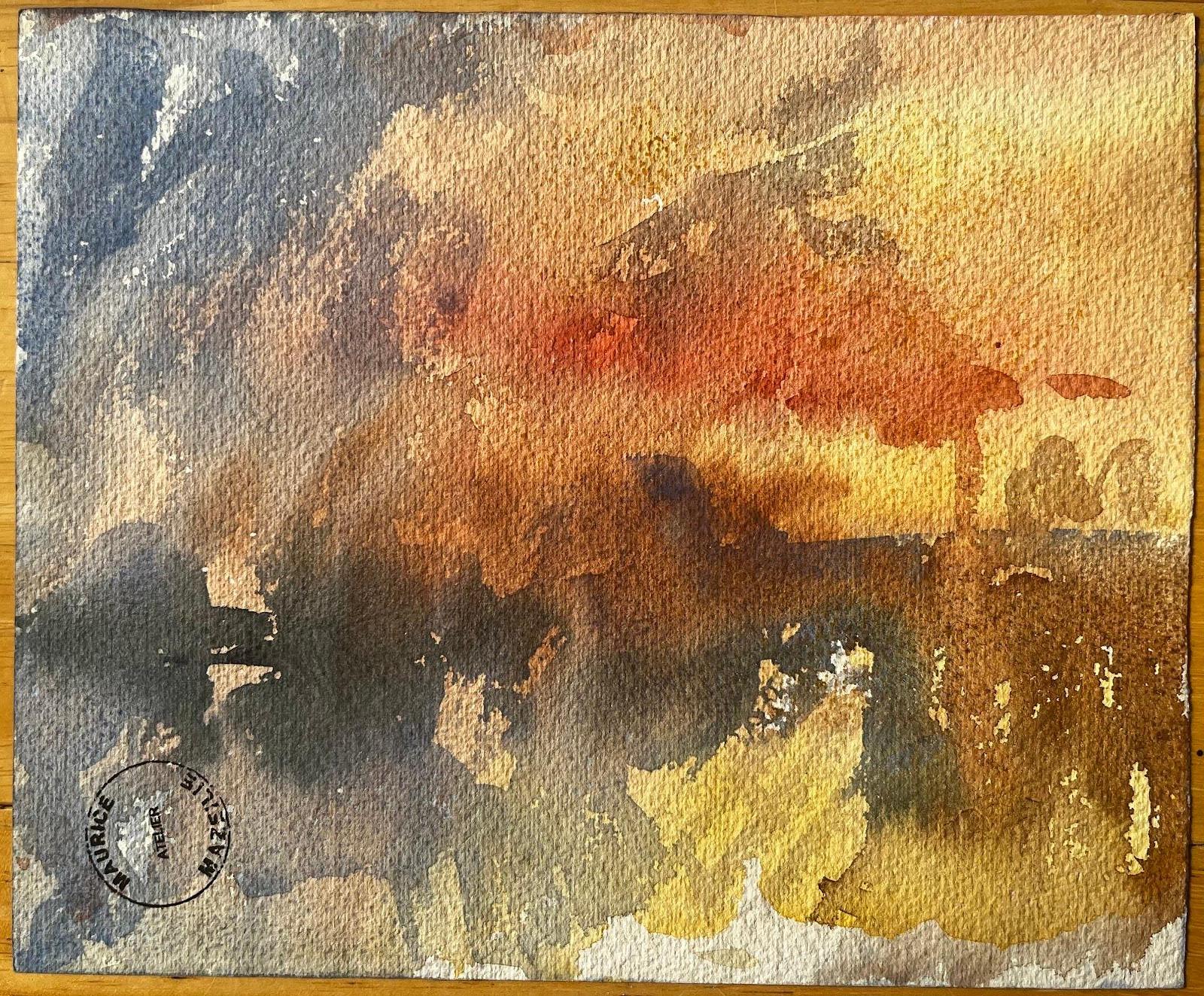 Aquarelle impressionniste française - Rue de Village ensoleillée avec Figures en vente 3