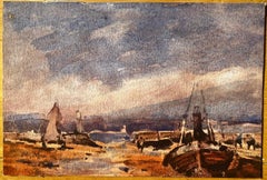 French Impressionist Landscape Watercolour Harbour Scene at Dusk