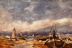 French Impressionist Landscape Watercolour Harbour Scene at Dusk
