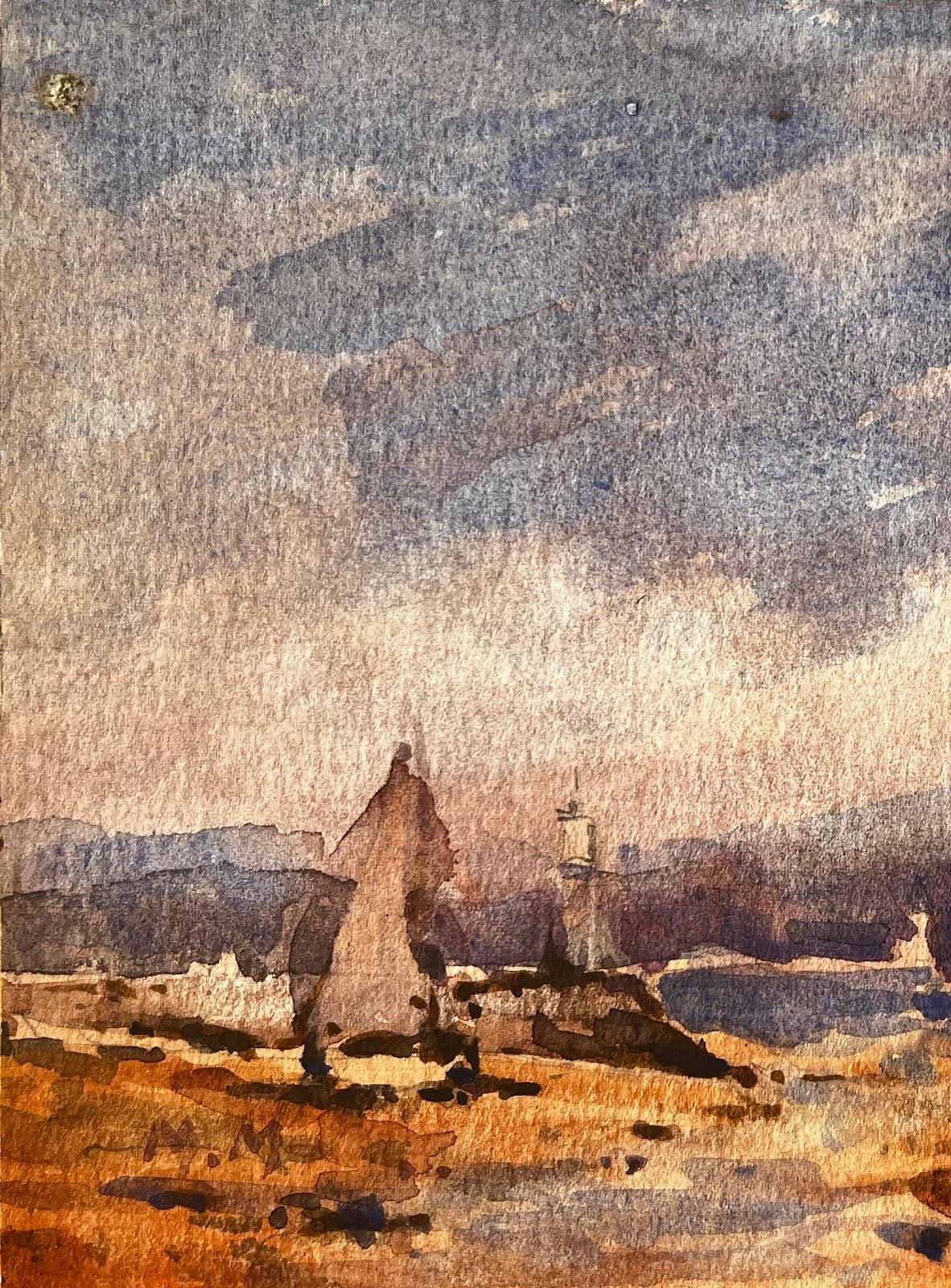 Aquarelle impressionniste française Scène de port au crépuscule en vente 1