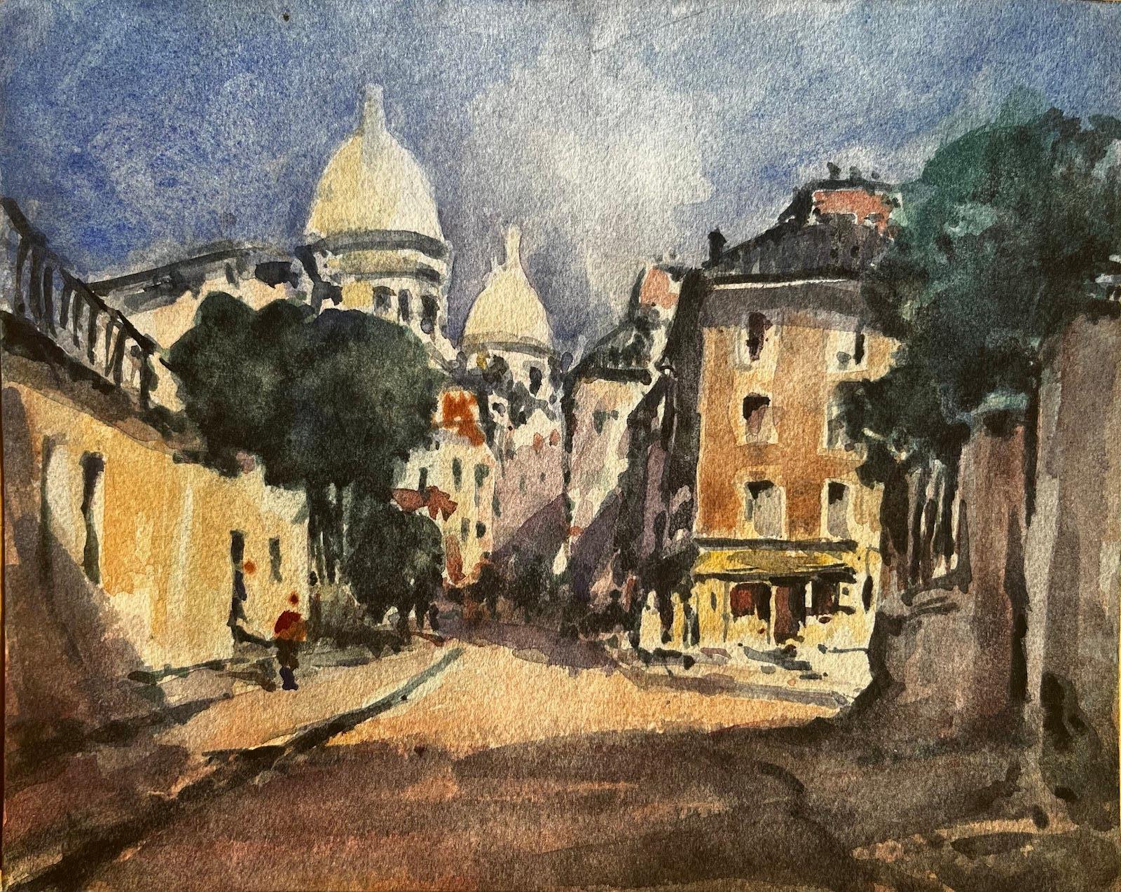 Acuarela Impresionista Francesa Paisaje Sacre Coeur Montmartre Calles de París - Art de Unknown