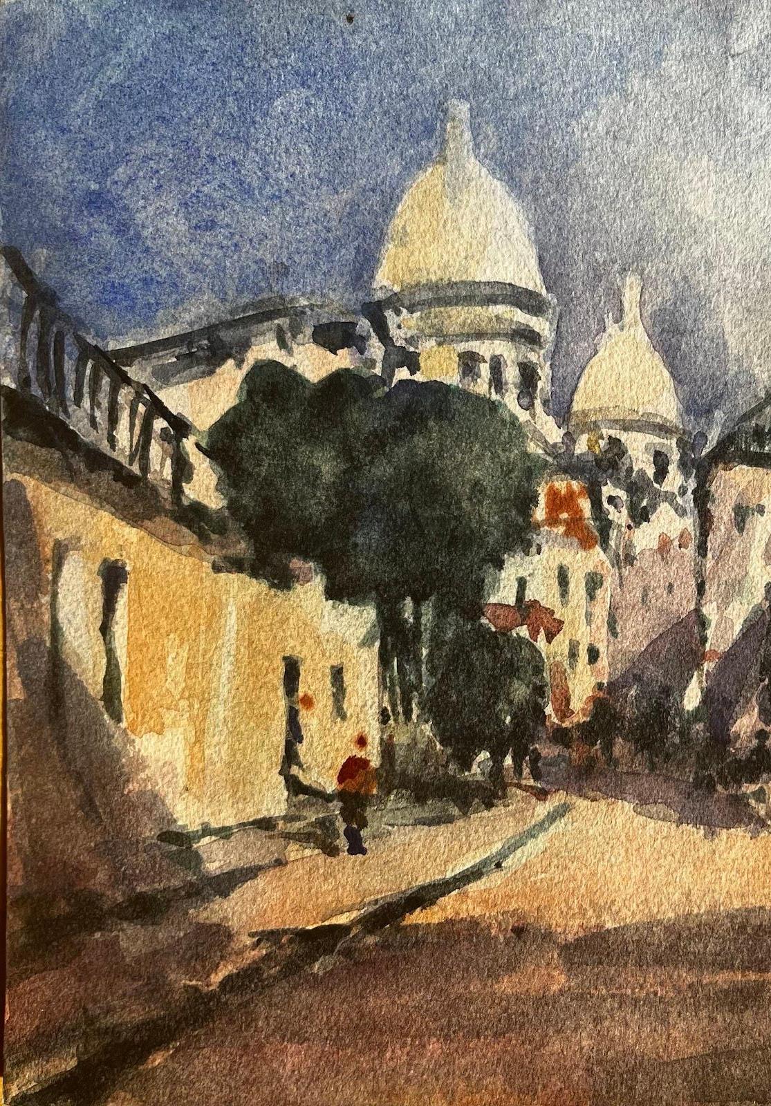 Acuarela Impresionista Francesa Paisaje Sacre Coeur Montmartre Calles de París en venta 1