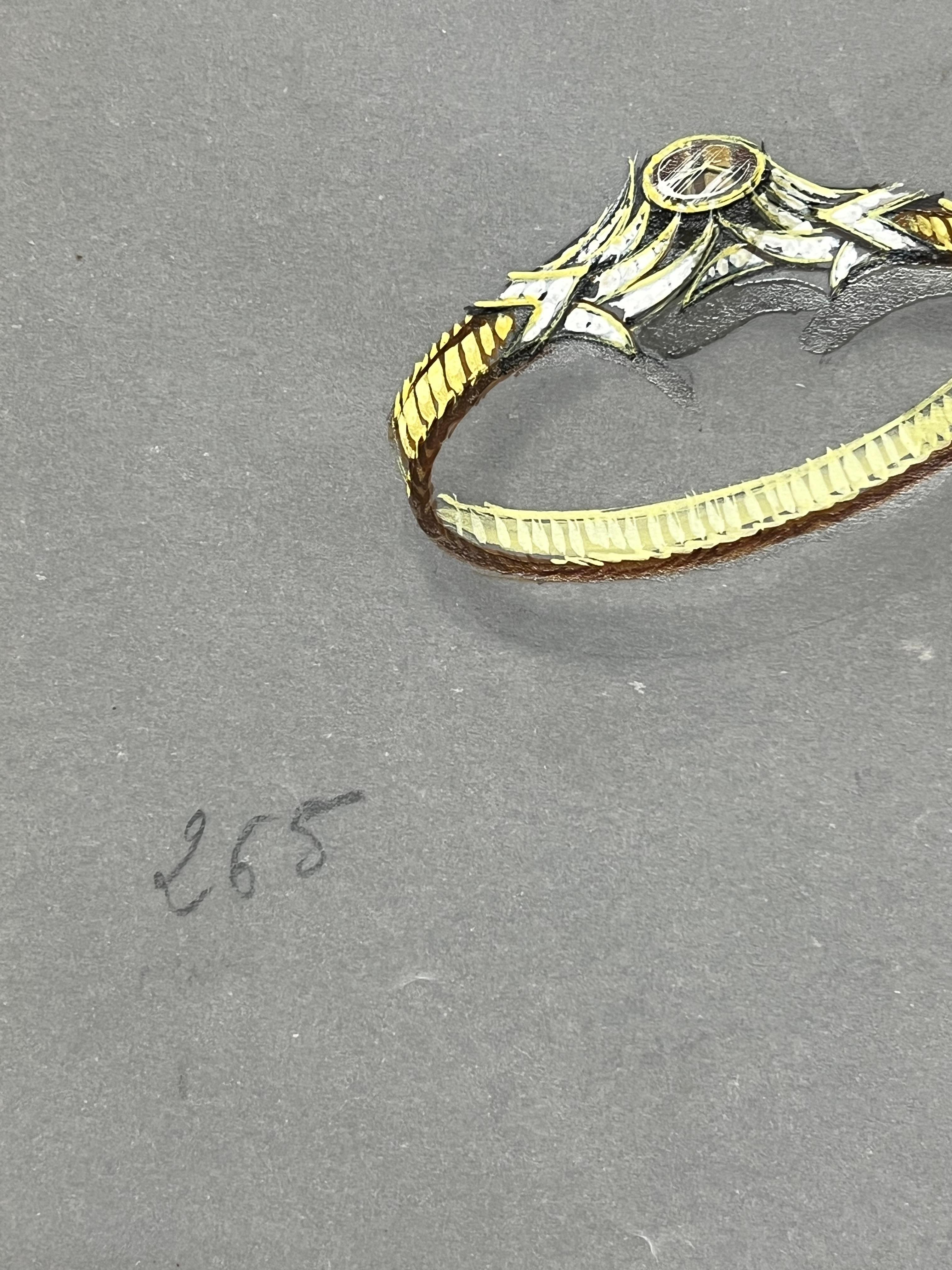 Coppia di due anelli in oro con ciondoli di diamanti 
Design/One di gioielli
circa metà del XX secolo
di Paul Touzet (francese, nato nel 1917)
pittura originale a gouache, con matita su carta da lucido
non incorniciato
dimensioni complessive del