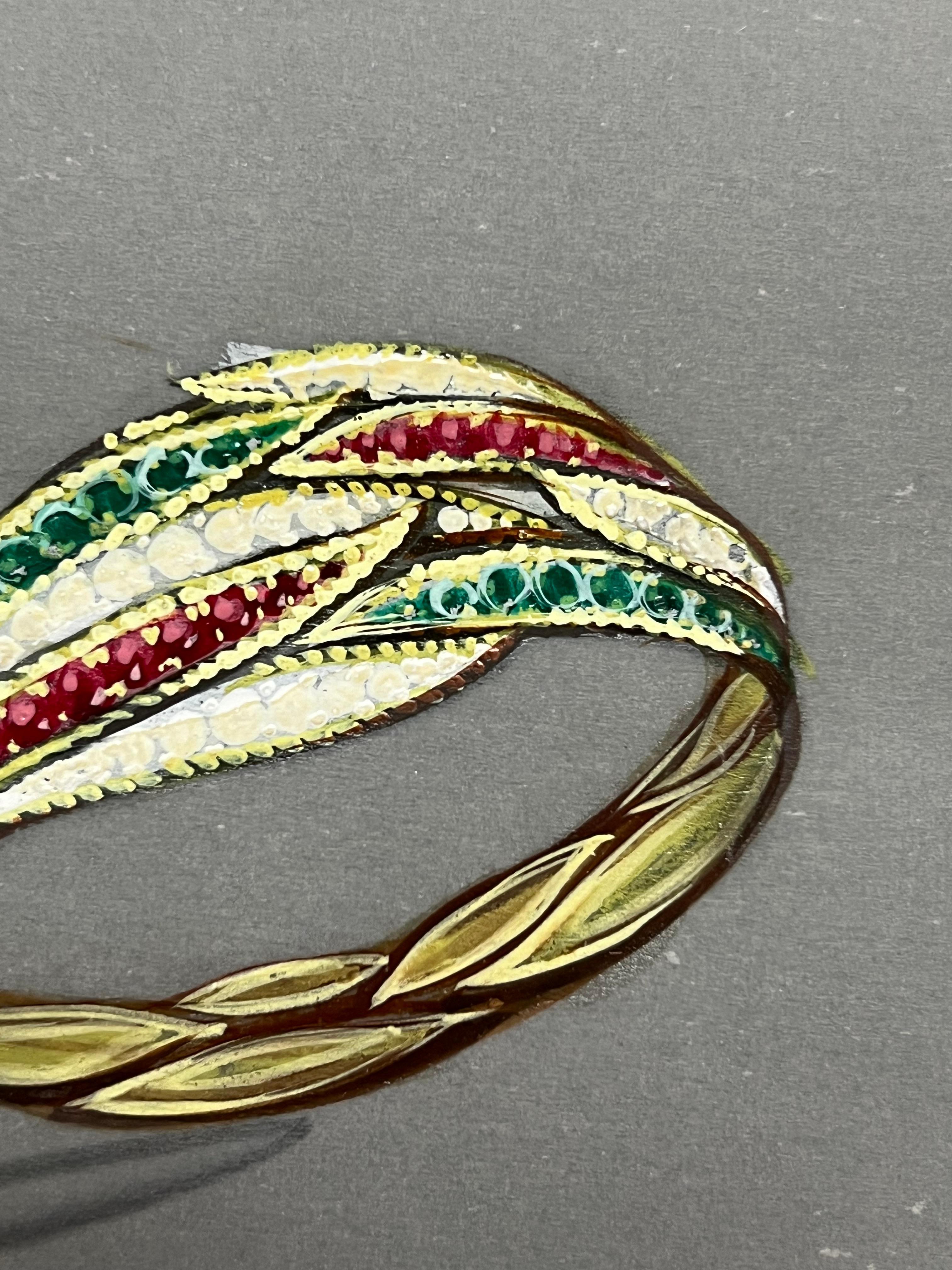 Ring mit roten, grünen und weißen Edelsteinen
Schmuck-Design
um die Mitte des 20. Jahrhunderts
von Paul Touzet (Franzose, geb. 1917)
Original-Gouache-Malerei, mit Bleistift auf Pauspapier
ungerahmt
Gesamtgröße des Papiers: 10 x 6,5 Zoll
Zustand: der