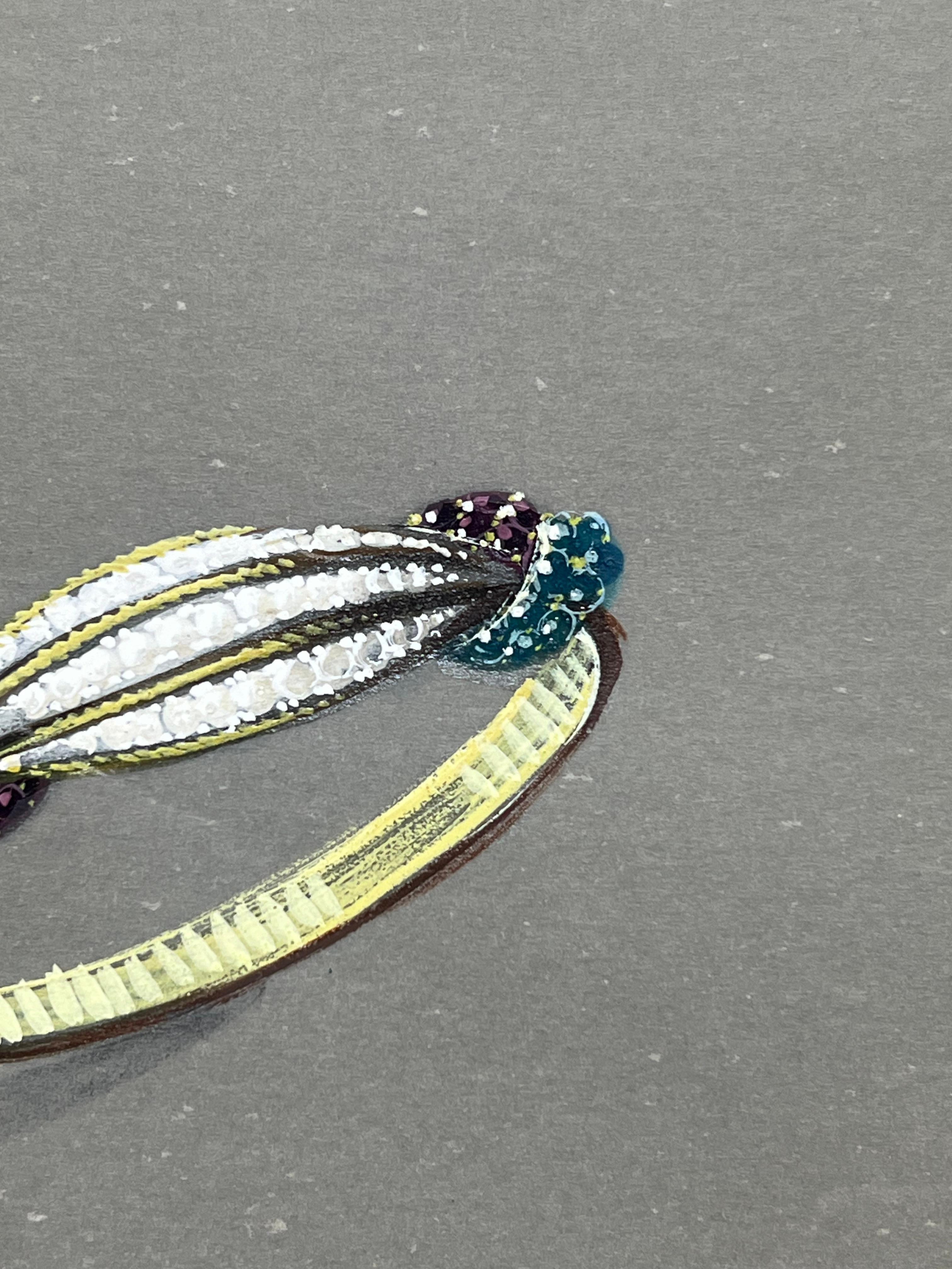 Anello Twist con gemma verde acqua e ametistaGioiello Design/One
circa metà del XX secolo
di Paul Touzet (francese, nato nel 1917)
pittura originale a guazzo, con matita su carta da lucido
non incorniciato
dimensioni complessive della carta: 10 x